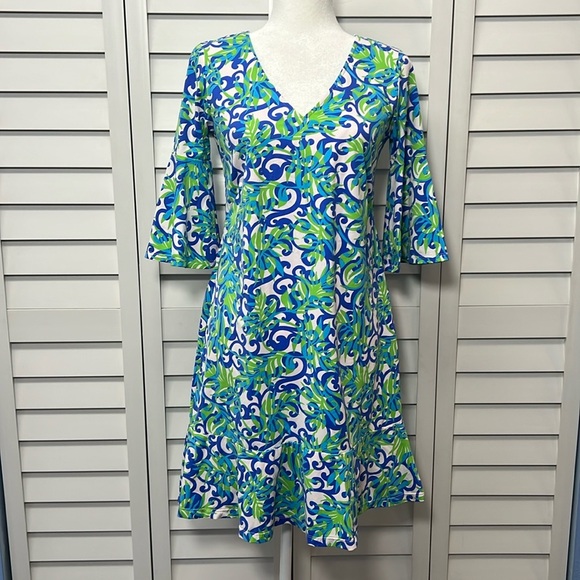 Katherine Way Leaf Scroll Print V-Neck Bell Sleeve Stretch Dress Size Small - Picture 1 of 8